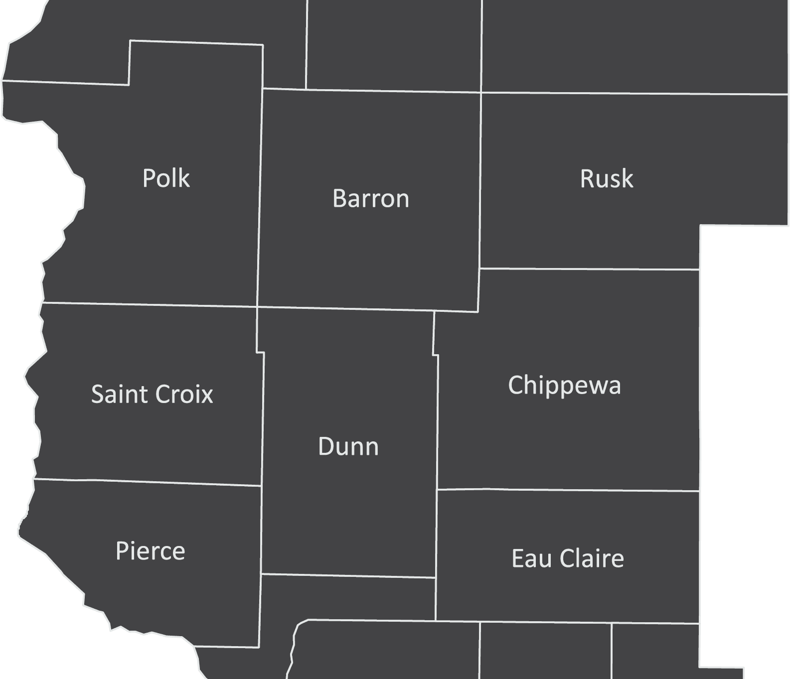 Wisconsin map highlighting the Eau Claire, Chippewa Falls, Dunn, Pepin, St. Croix, Polk, Barron, Rusk, and Pierce counties